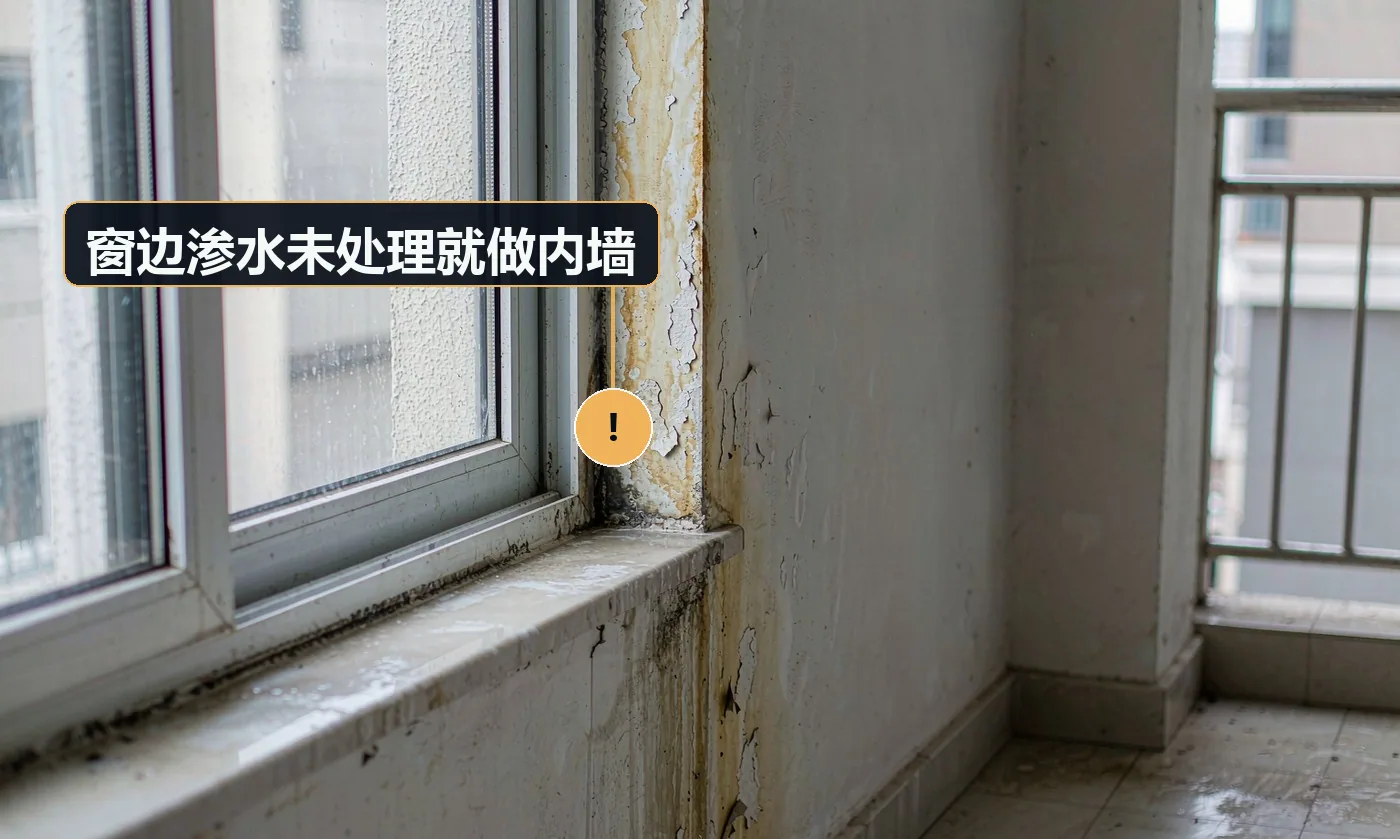 现象:内墙修好后一遇雨还是洇湿。原因:只做内墙防水,未解决外墙渗水水源