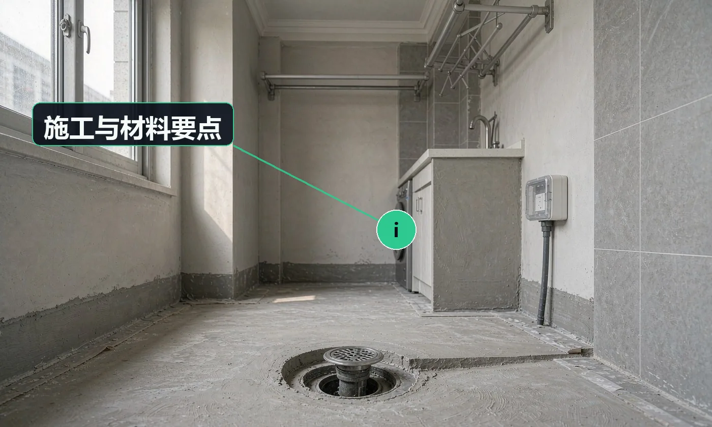 施工与材料要点:阳台漏水九成是防水层或地漏的问题,先定位再动手,别急着砸砖;洗衣晾晒区要同时兼顾排水与用电安全,插座需防溅
