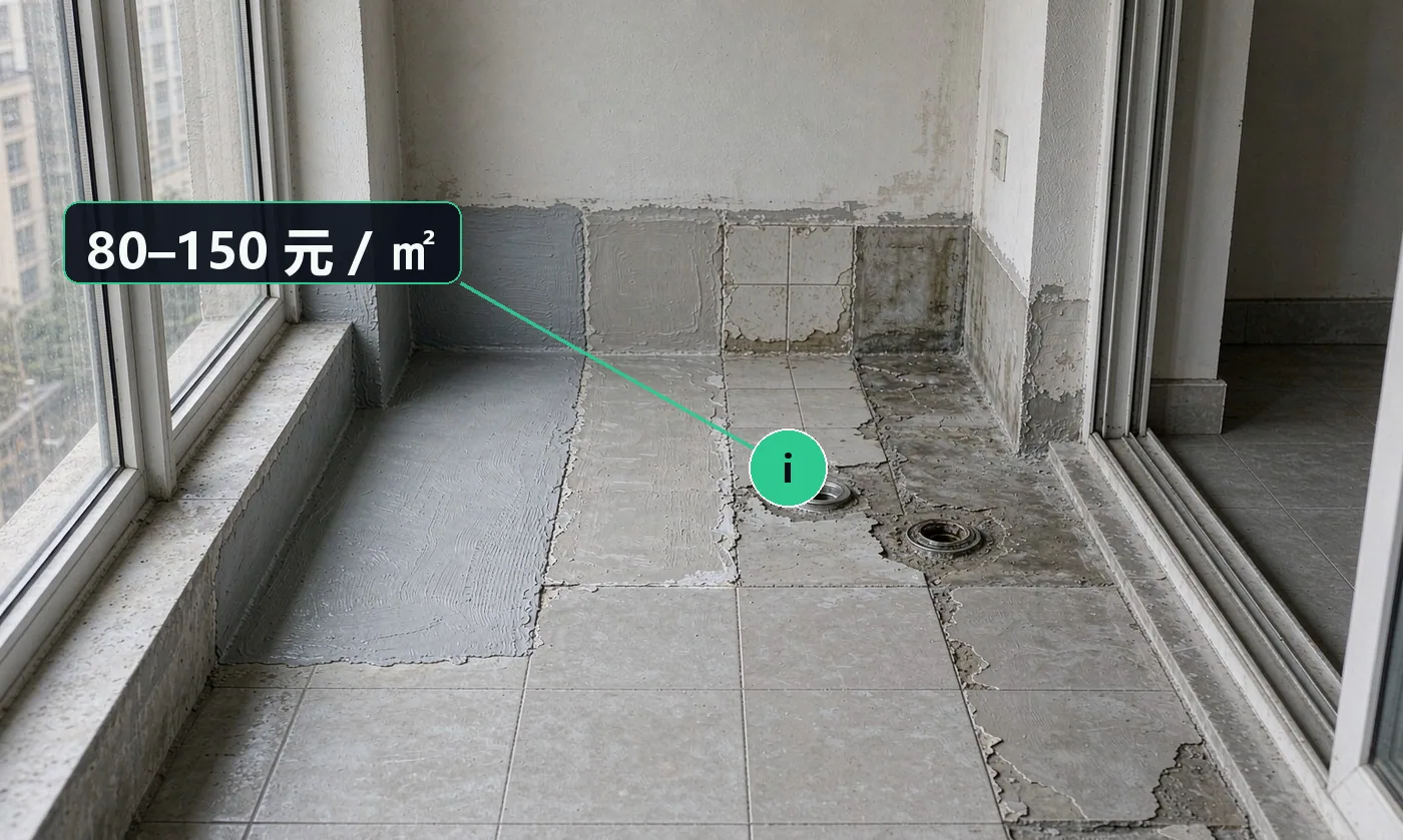 价格区间:防水 80–150 元 / ㎡;瓷砖修补 180–400 元 / ㎡;地漏更换 150–400 元 / 处;防水重做含闭水 100–180 元 / ㎡