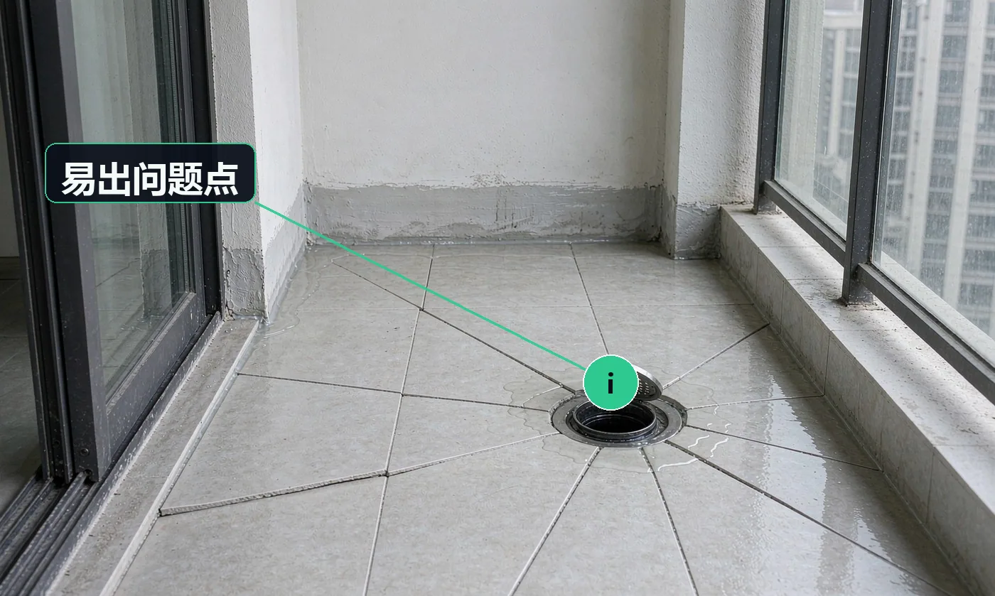 易出问题点:防水不做闭水试验直接铺砖,漏水只能全部重来;排水坡度找反,积水往室内流,越用越糟