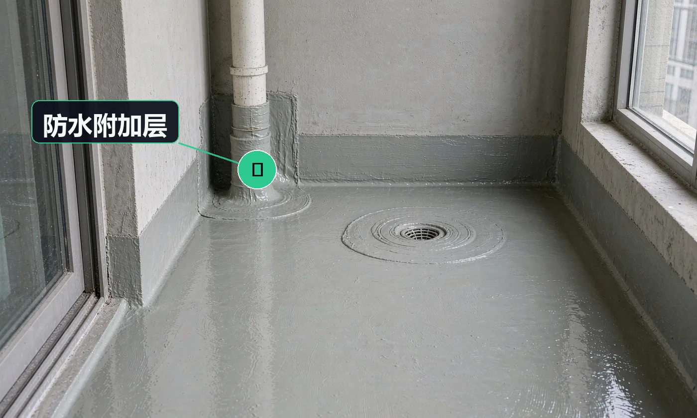 检查方式:目视(阴角 / 管根 / 地漏周边)。合格标准:阴阳角、管根、地漏周边均已做附加层加强,涂膜连续无漏涂