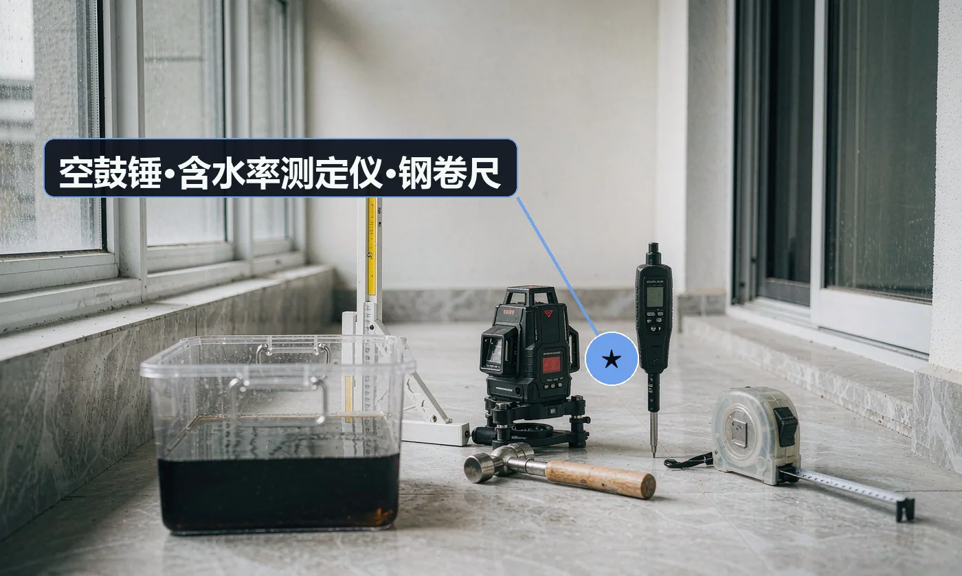验收工具:闭水试验蓄水工具;坡度尺 / 激光水平仪