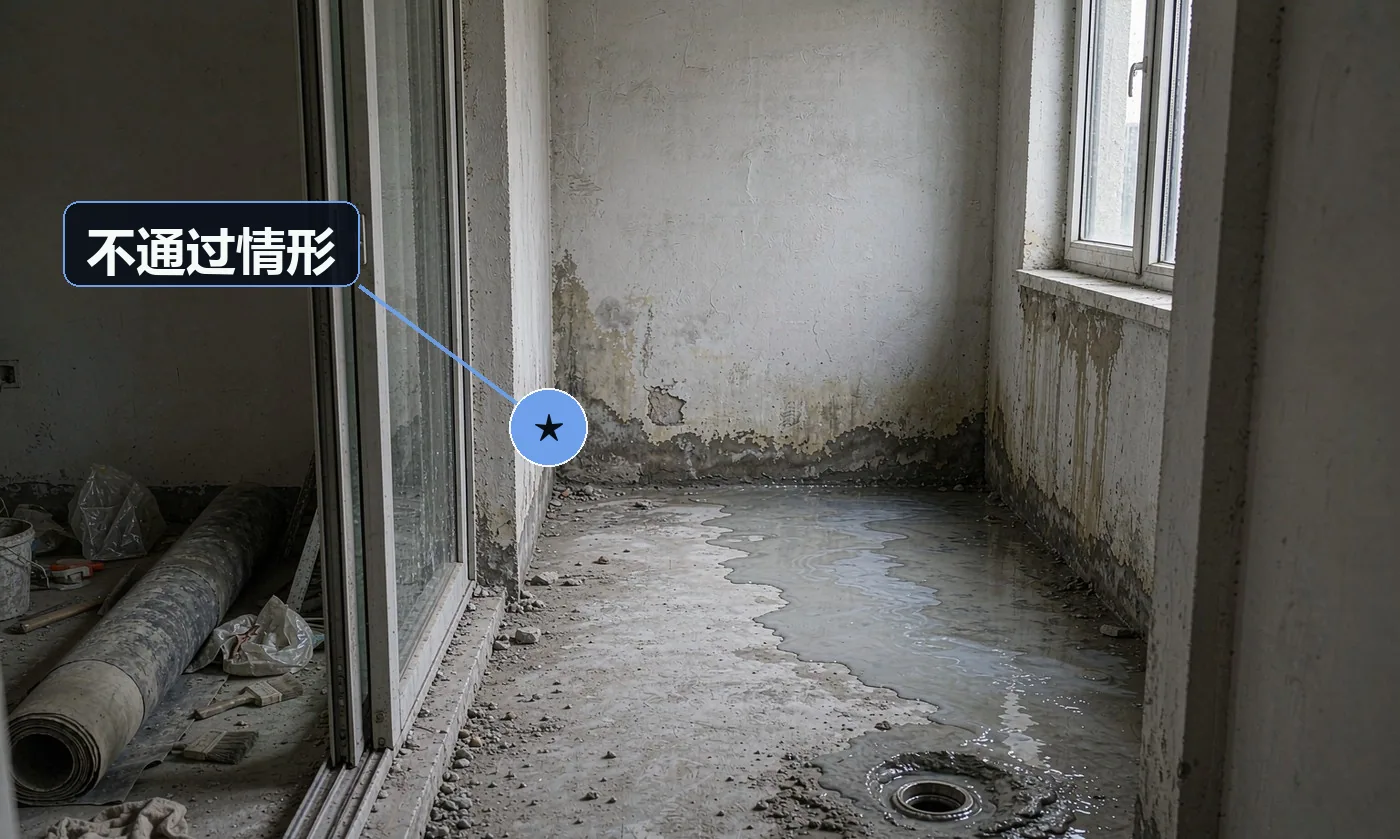 不通过情形:闭水试验不合格或未做即进入下道工序:返工重做,费用与工期损失由施工方承担;渗漏至楼下:按定损赔付,先垫付后追责;同时彻底返工防水