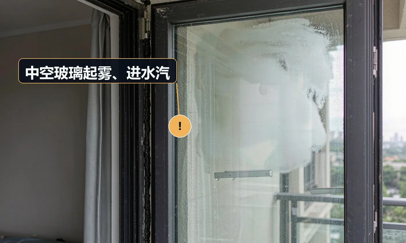 现象:玻璃夹层出现雾气或水珠,擦不掉。原因:中空玻璃密封失效(露点不达标,GB/T 11944-2012 要求露点 ≤-40℃);运输安装损伤密封