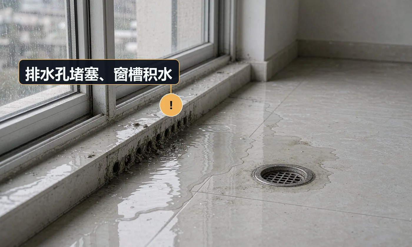 现象:雨后窗槽里积满水,慢慢往里渗。原因:排水孔未开或被砂浆、密封胶堵住;未装排水孔盖
