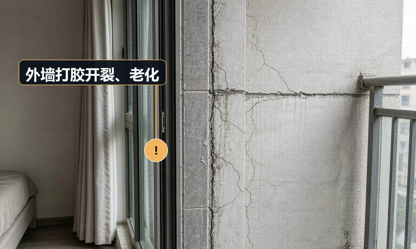 现象:一两年后外窗打胶处开裂,重新渗水。原因:使用普通玻璃胶而非耐候胶;打胶时基层潮湿或有灰尘;胶缝过薄