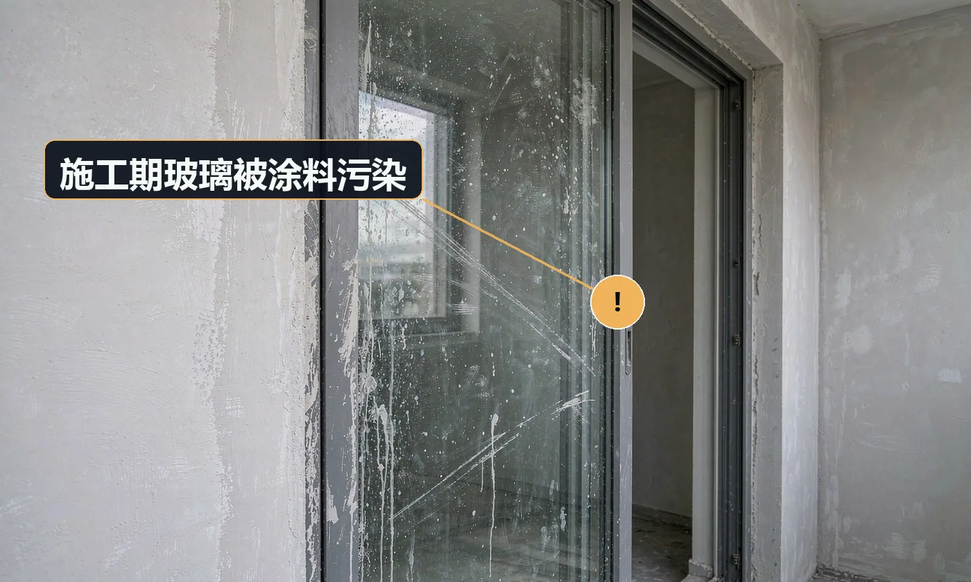 现象:玻璃上有涂料点、水泥渍或划痕,清理后仍有痕。原因:后续工种未做保护;用硬物刮除污渍