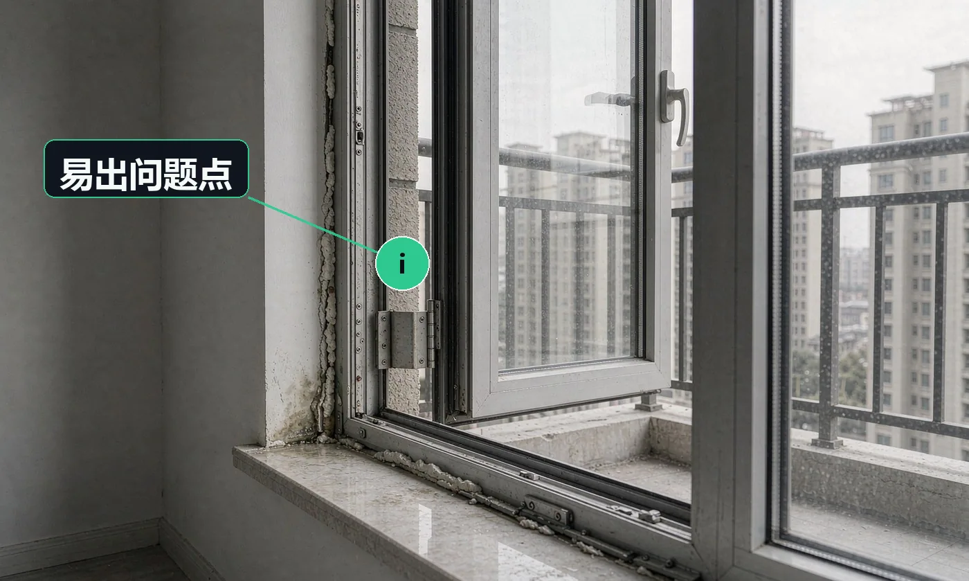 易出问题点:复尺误差导致窗框装不进或留缝,只能现场改;洞口防水没做好,下雨就往室内渗,返修要拆窗