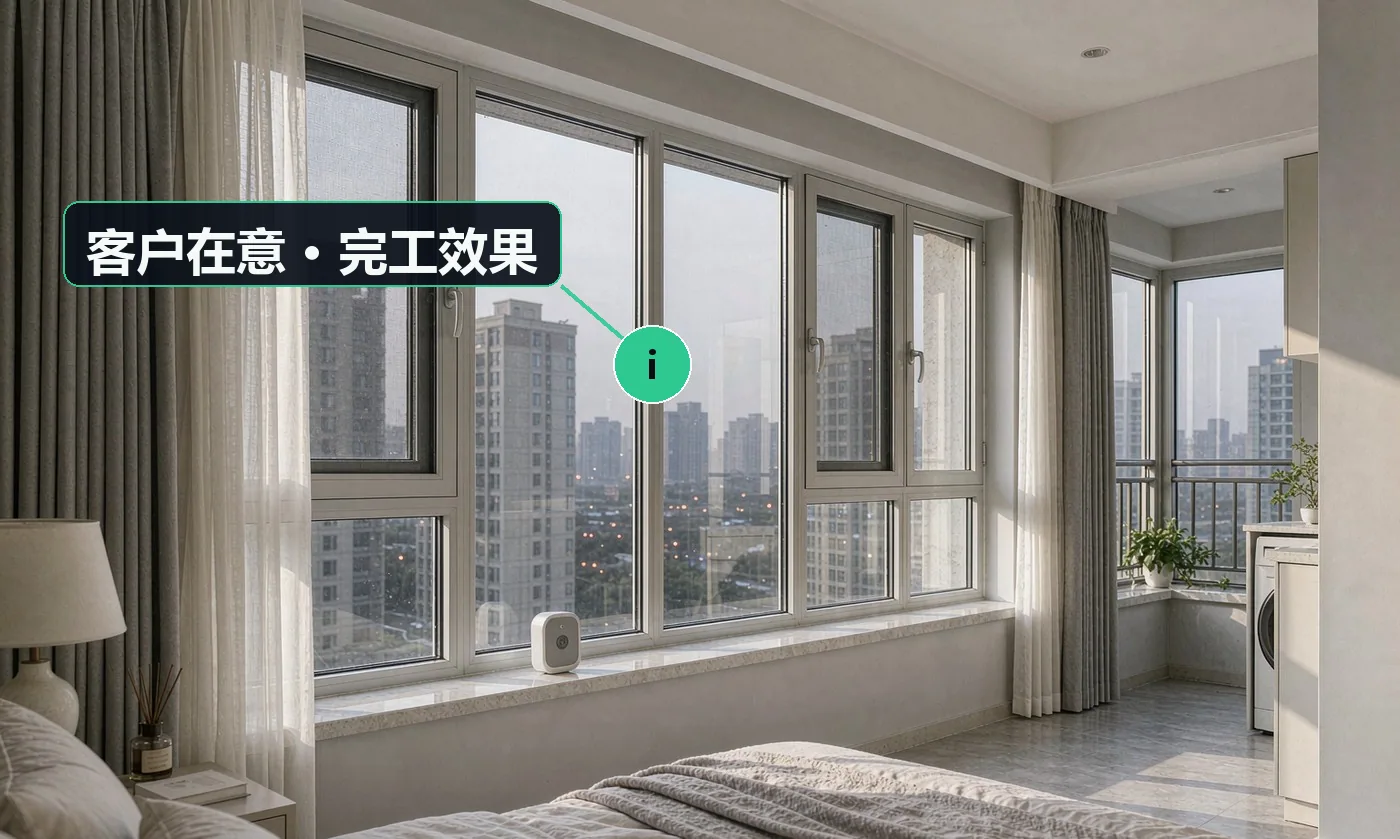 客户在意 · 完工效果:隔音能降多少分贝,临街晚上能不能睡好;漏不漏水、会不会渗到墙里发霉