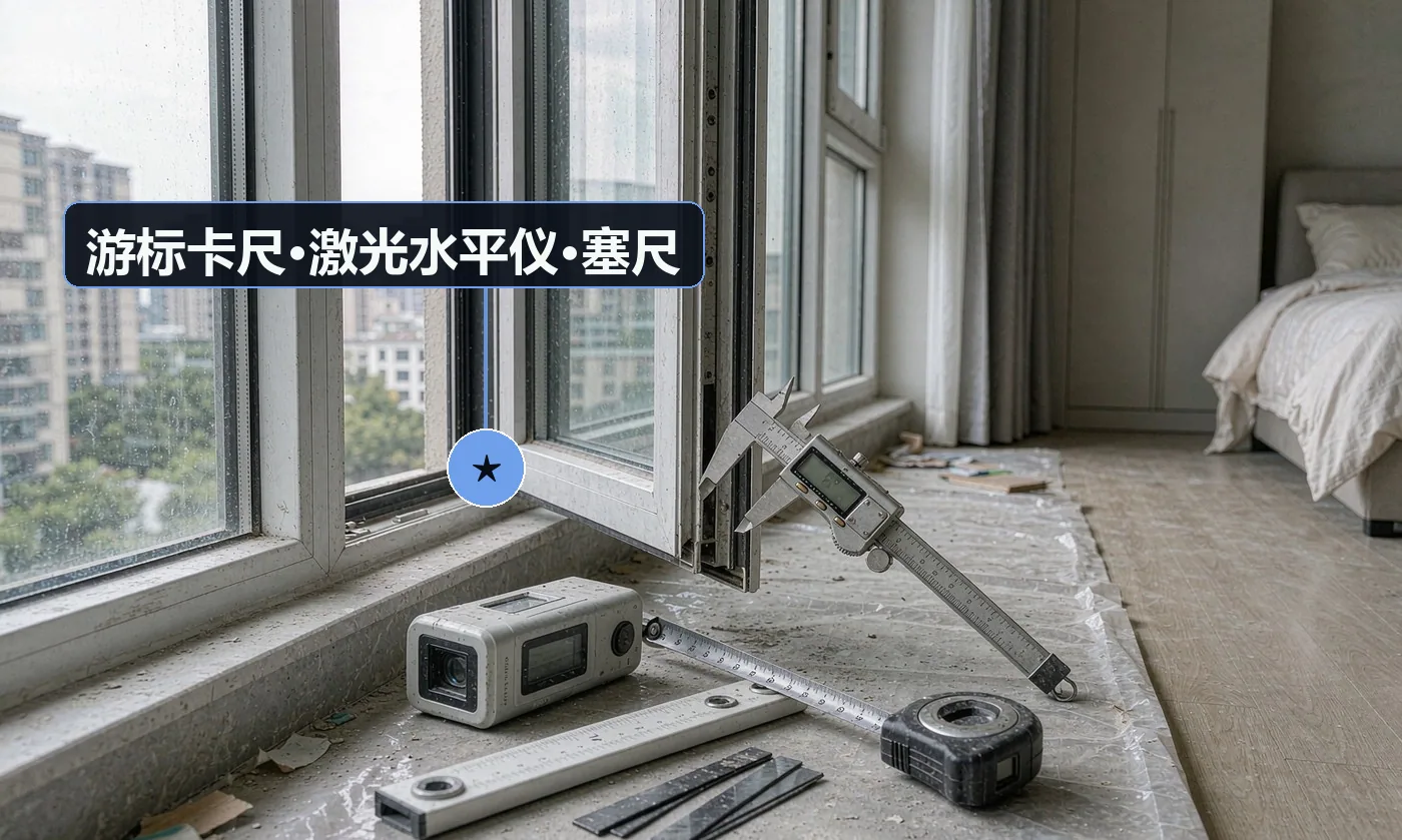 验收工具:游标卡尺(测型材壁厚);激光水平仪