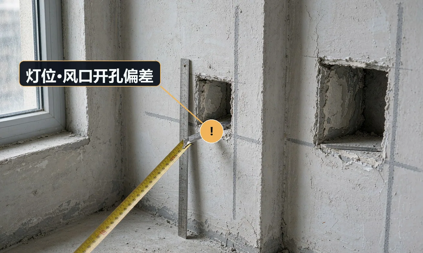 现象:灯装上去歪斜,或灯具盖不住孔,露出缝隙。原因:未按灯具实物尺寸开孔;先装板后开孔,定位靠目测
