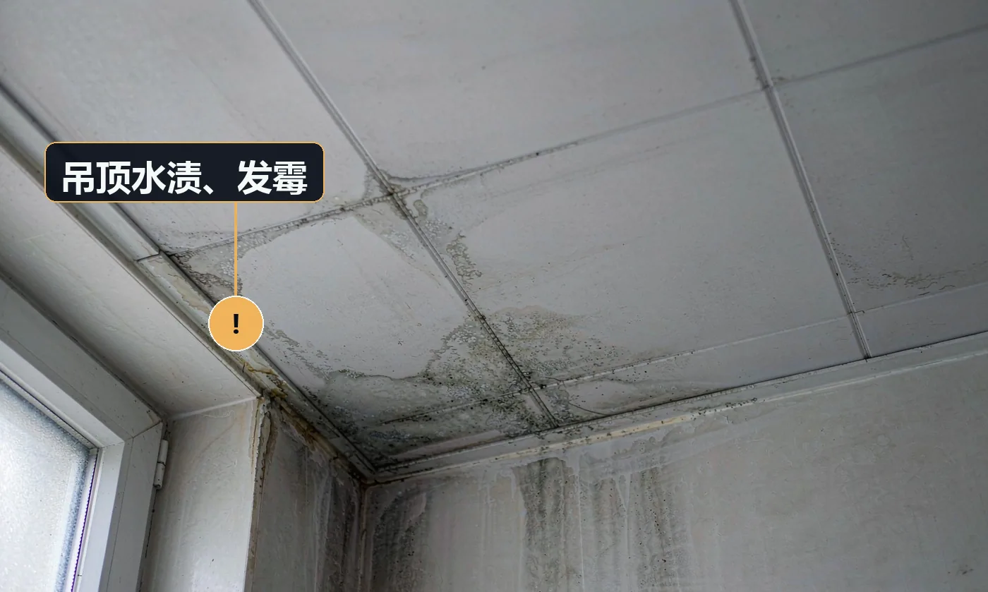现象:板面出现黄褐色水渍圈,或边角发霉。原因:上层楼板或管道渗漏;卫生间排风不畅导致长期潮湿