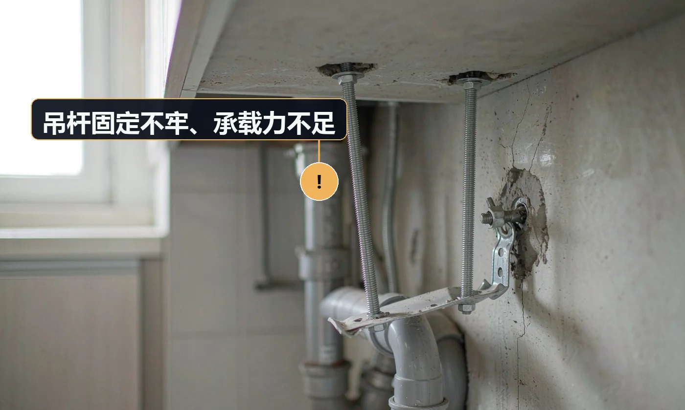 现象:吊顶整体下沉感,或轻推有晃动。原因:使用塑料膨胀螺栓;吊杆间距过大;顶面为加气块等轻质基层未做加固