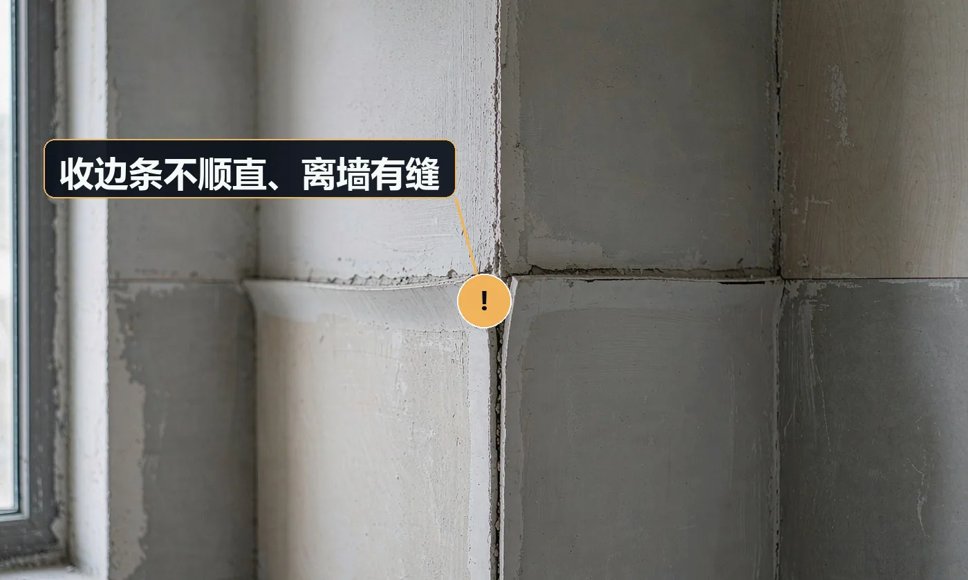 现象:四周收边条歪斜,与墙面之间有明显缝隙。原因:墙面本身不直且未修正;收边条固定间距过大