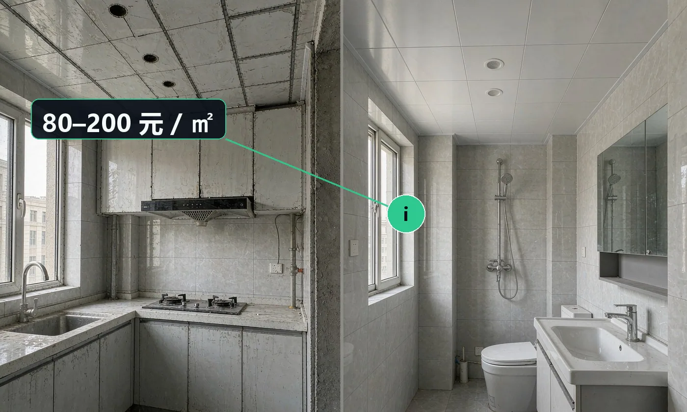 价格区间:板材 80–200 元 / ㎡(按厚度与品牌);含龙骨与安装 120–260 元 / ㎡