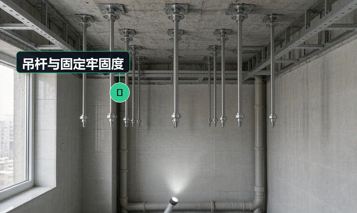 检查方式:目视 + 手扳检查。合格标准:吊杆垂直、间距符合要求、连接牢固无晃动;固定件为金属膨胀螺栓或预埋件