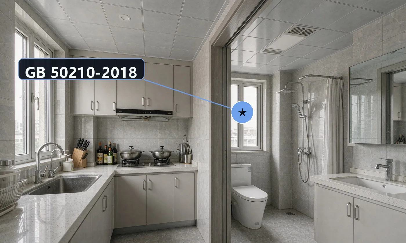 底线规范:GB 50210-2018《建筑装饰装修工程质量验收标准》—— 吊顶工程主控项目与允许偏差(第 7.1.12 条已废止,与 GB 55032-2022 不一致时以后者为准);GB 50243-2016《通风与空…