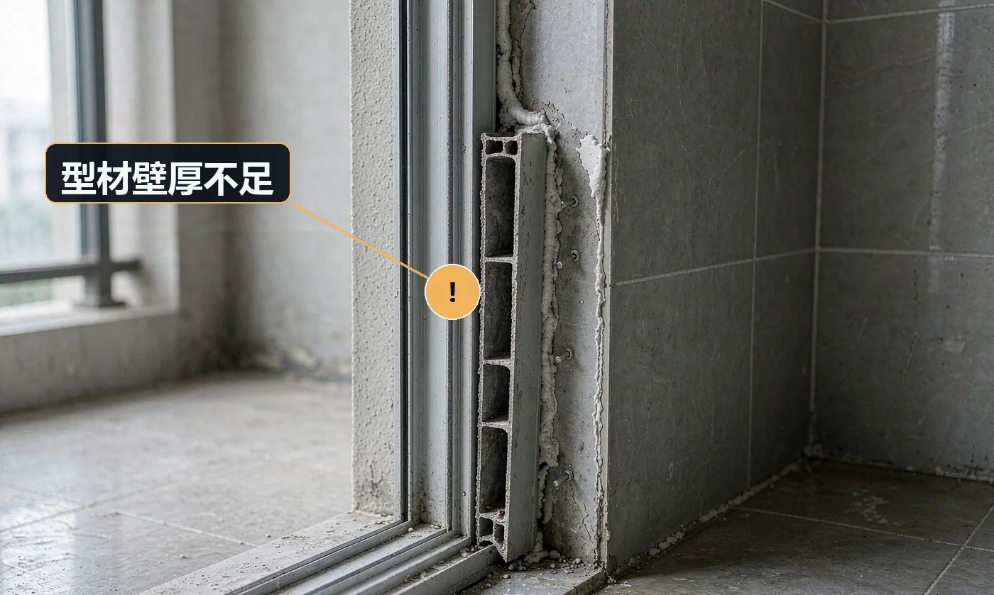 现象:门框用手按压有弹性变形,长期使用后门扇下垂。原因:采购了非标薄壁型材;只比价格未检壁厚