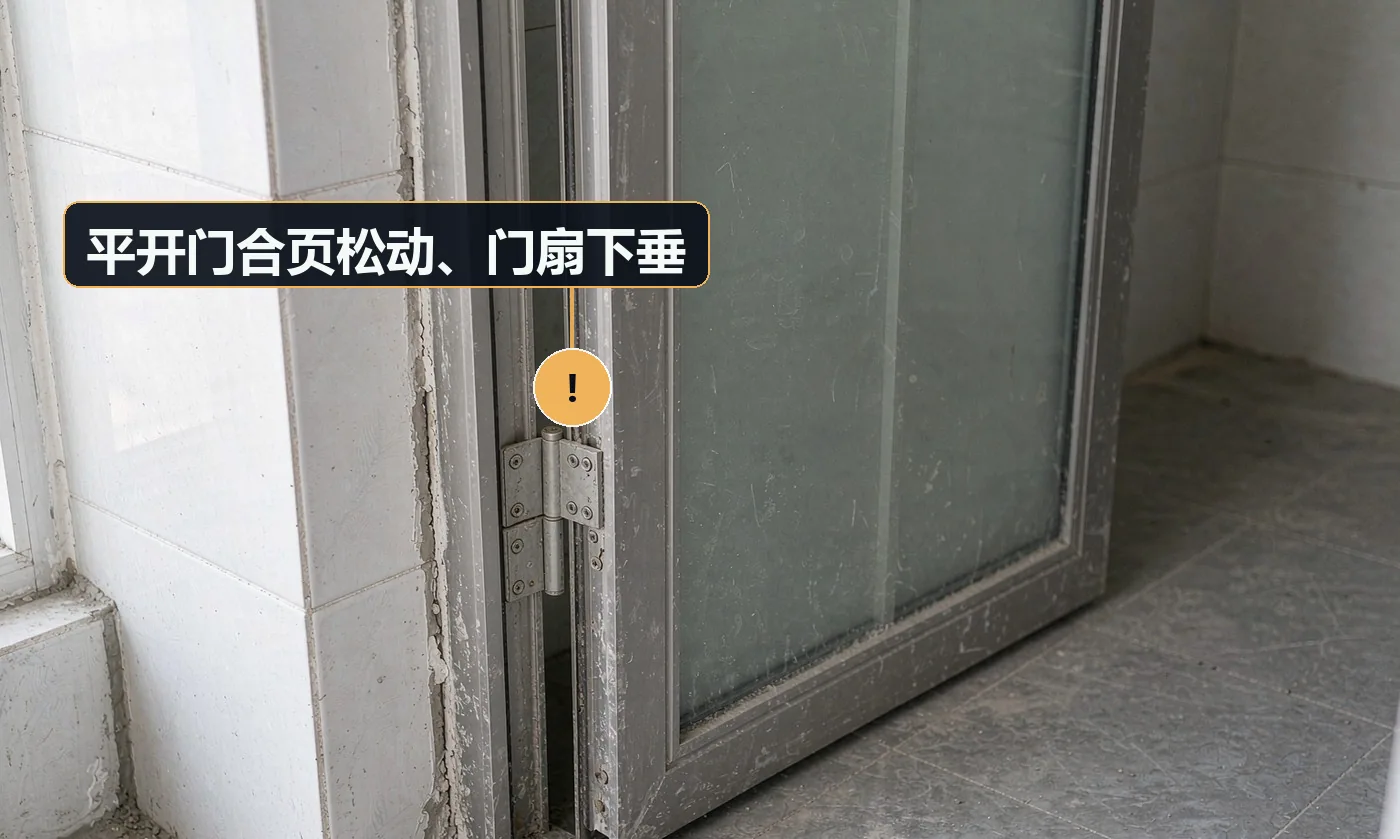 现象:门扇与门框摩擦,关不严。原因:合页数量不足;螺丝未拧入型材受力部位;型材腔体未加衬