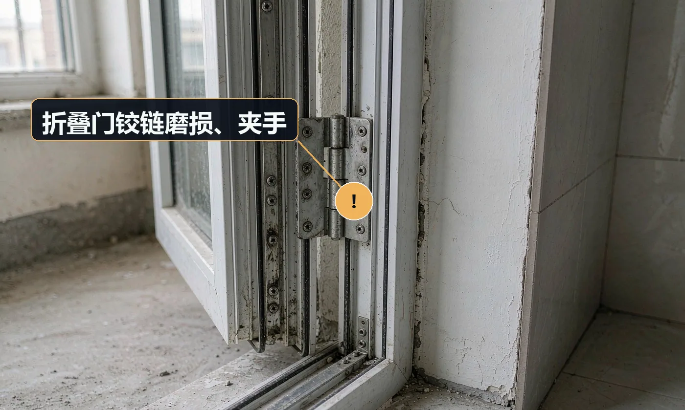 现象:折叠门开合不顺,或用久了铰链松动,儿童手指易被夹。原因:铰链质量差;无防夹设计;轨道未调平