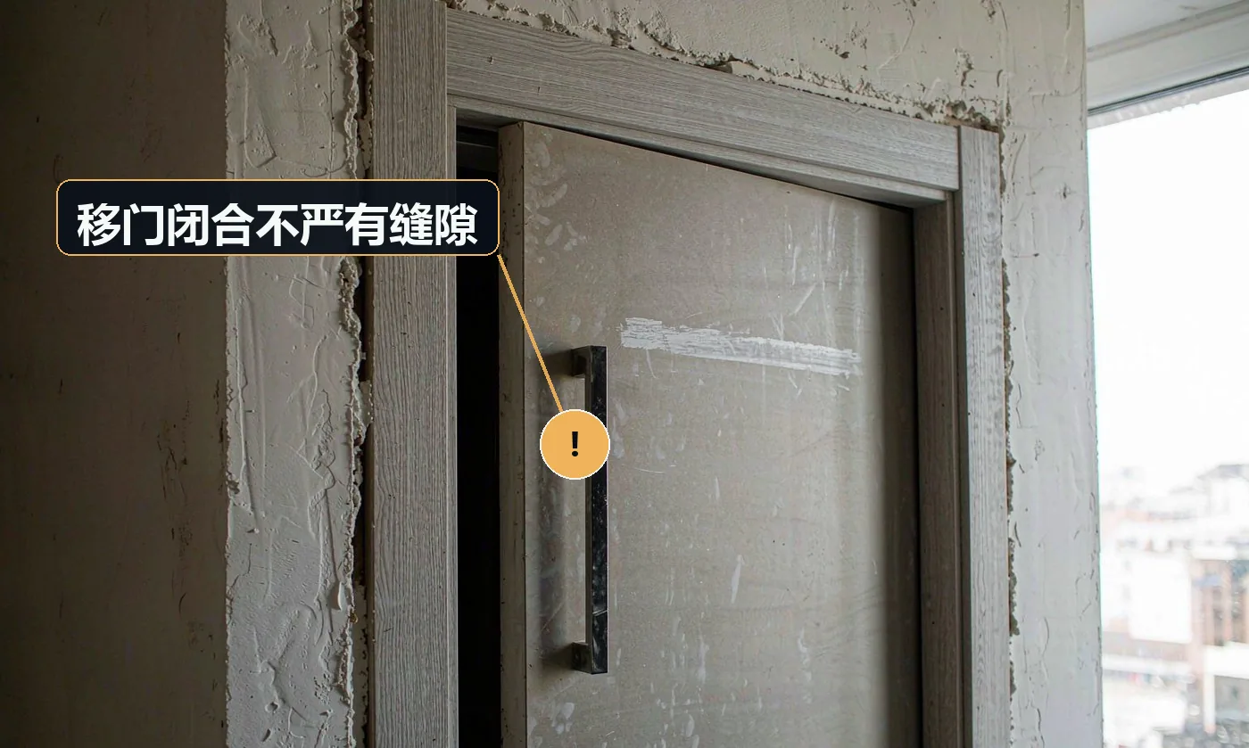 现象:两扇门中间合不拢,留有缝。原因:门扇尺寸误差;轨道不平行;调节件未调到位