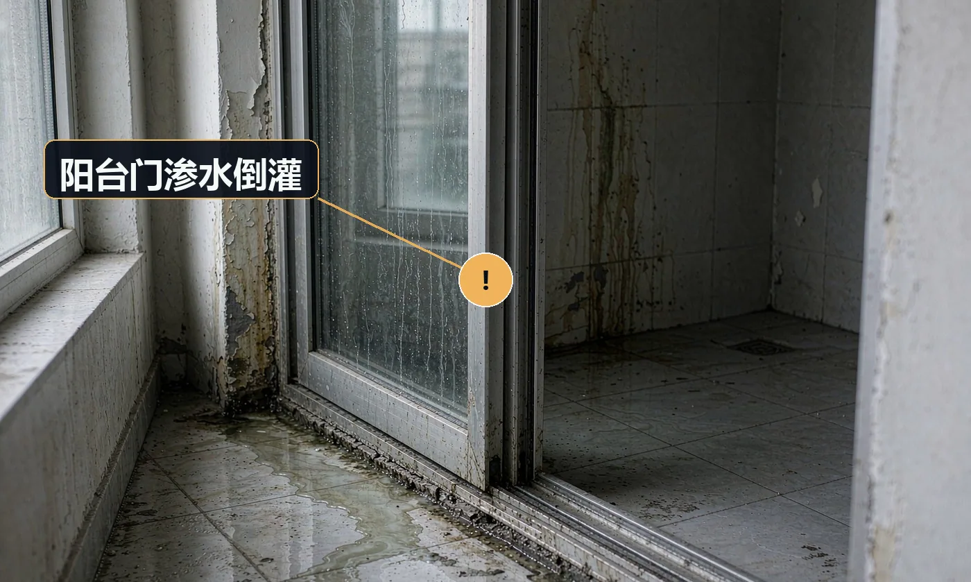 现象:暴雨后阳台门内侧积水或渗到室内。原因:下槛未做挡水坎;排水孔堵;室外地面高于室内