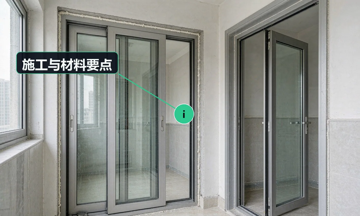 施工与材料要点:看型材壁厚与滑轮质量,这两项决定门的寿命;推拉门重「顺滑与密封」,平开门重「密封与开合角度」