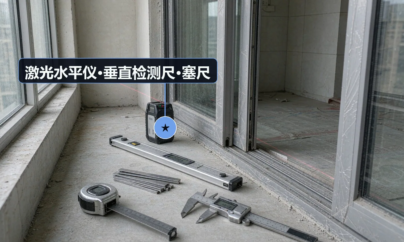 验收工具:激光水平仪;垂直检测尺