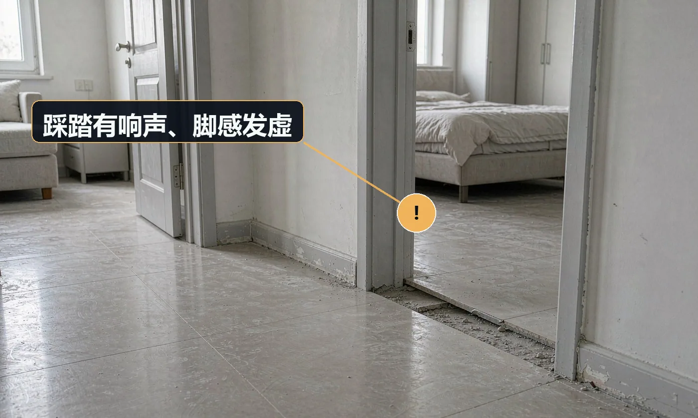 现象:走在某些位置发出咯吱声,或踩下去有下陷感。原因:基层平整度不达标(2m 靠尺空隙 >3mm);垫层未固定移位;锁扣未完全扣合