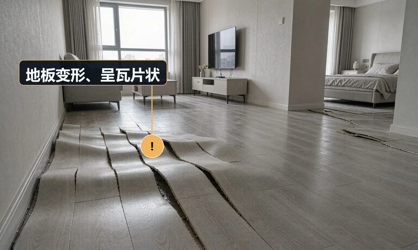 现象:板面拱起成瓦片形,边缘翘曲,踩踏有异响。原因:受潮或泡水;地暖升温过快导致含水率骤变;地板本身含水率不合格