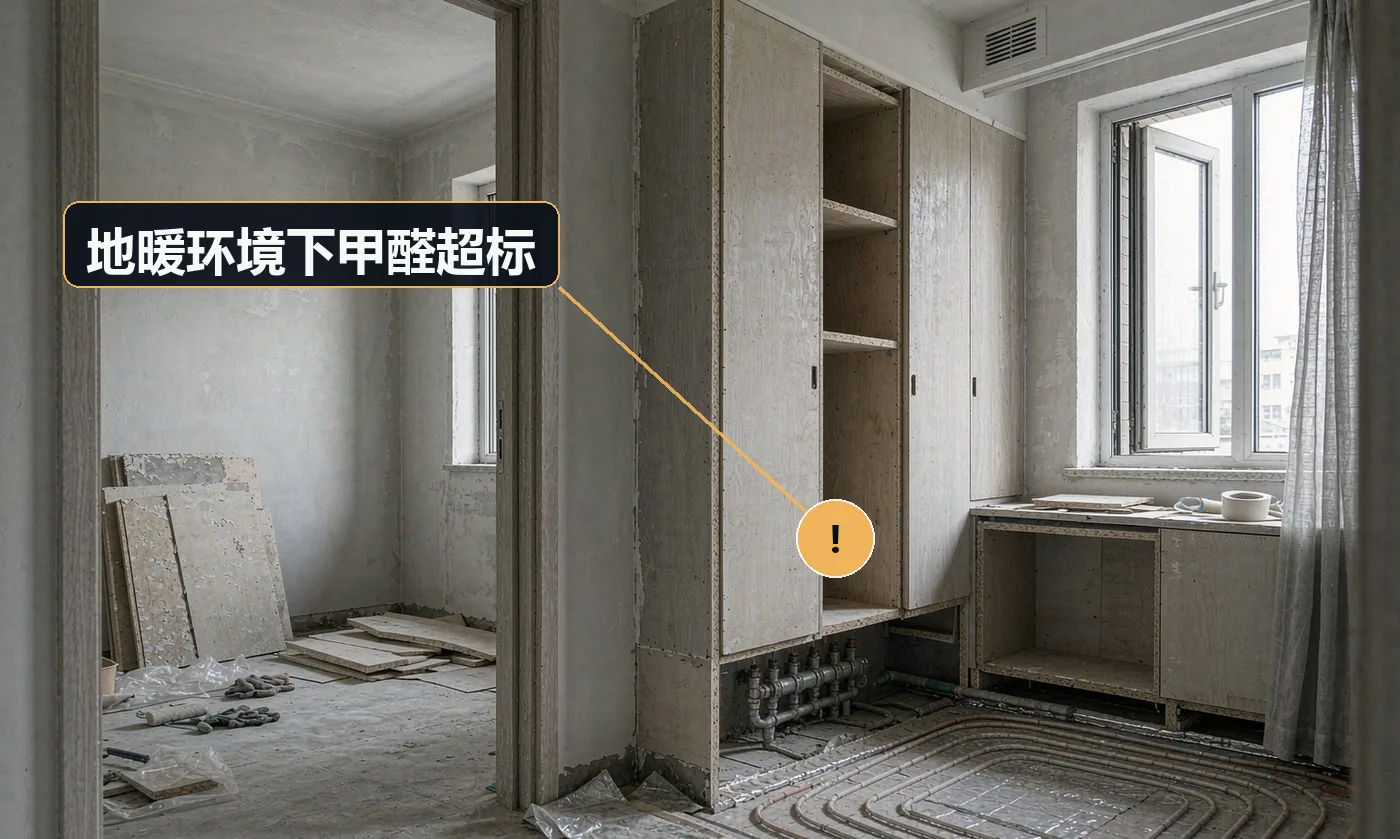 现象:入住后刺鼻、眼睛发涩,第三方检测甲醛超标。原因:选用 E1 级地板,地暖高温加速甲醛释放;或封边、胶黏剂不达标