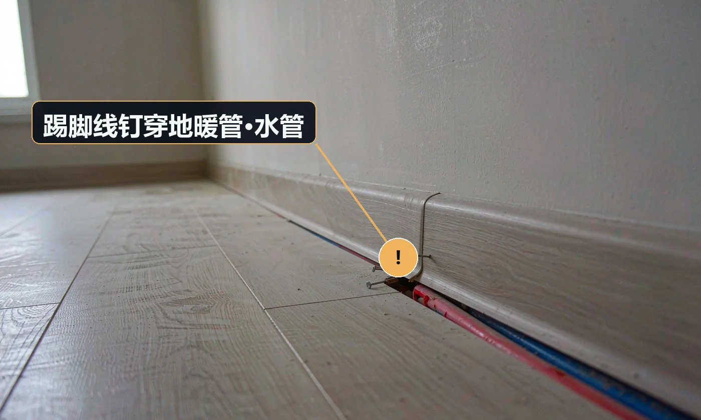 现象:钉完踢脚线后地暖不热或楼下渗水,压力表掉压。原因:未核对地暖盘管与水管走向;使用长钉直接钉入