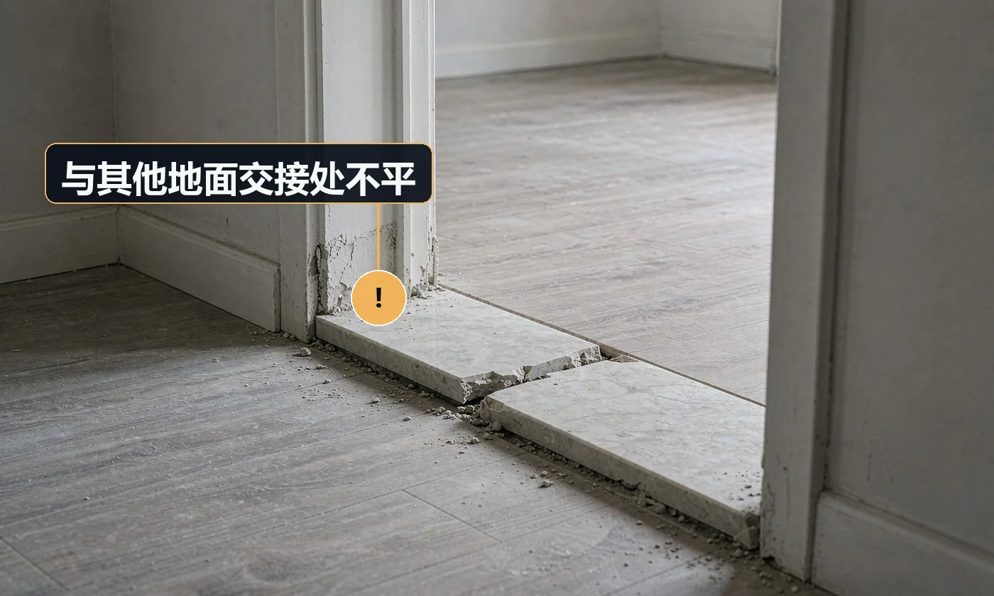 现象:木地板与瓷砖 / 门槛石交接处有明显高低台阶,或缝隙过大。原因:施工前未核对两侧标高;未预留过渡扣条