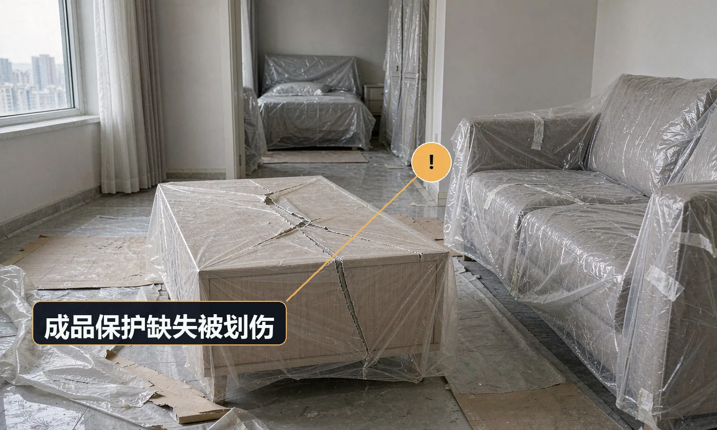 现象:铺完后其他工种进场,地板被划出长痕或压出凹坑。原因:铺装后未做保护层;后续工种未铺保护板