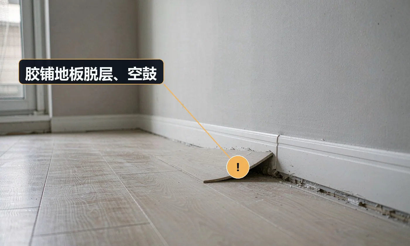 现象:踩踏时局部有空鼓声,边缘翘起。原因:胶量不足或涂布不均;使用了不适用的胶种;基层有浮灰未清理