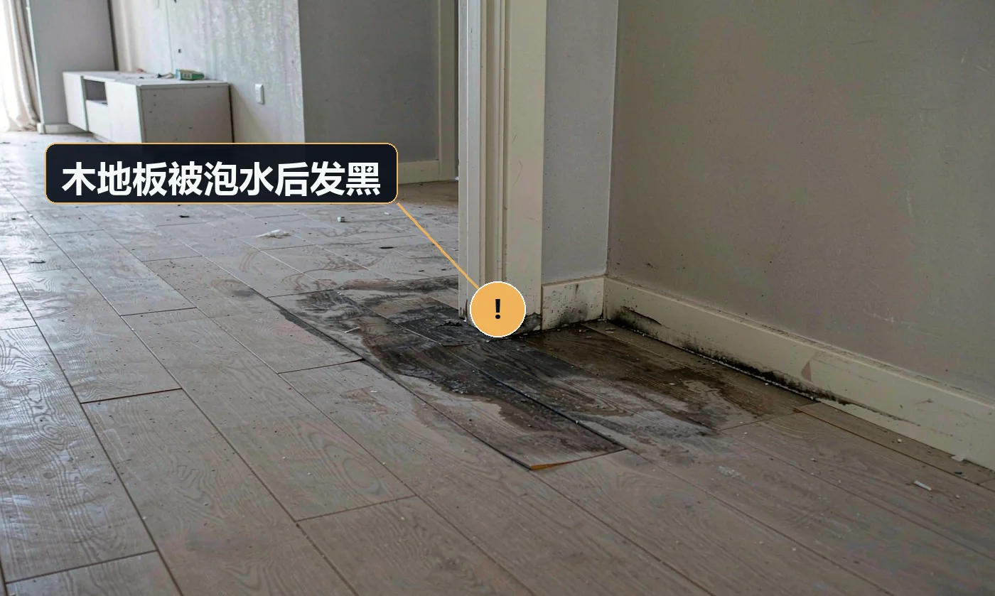现象:水管漏水或雨天渗水后,地板边缘发黑、发霉。原因:基层无防水层;渗水未及时发现;未做防潮处理