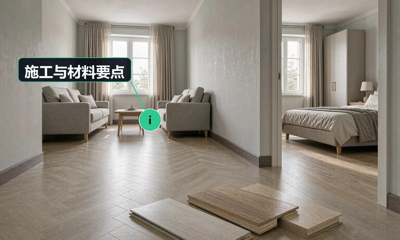 施工与材料要点:强化复合耐磨但脚感硬;三层实木脚感最好、价格最高;多层实木是主流折中;踢脚线颜色建议比地板深一度,视觉上更压得住