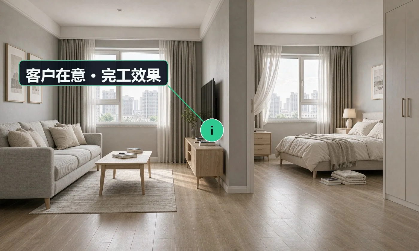 客户在意 · 完工效果:环保等级是 E0 还是 ENF,有没有味道、多久能住;耐磨转数够不够,家里有小孩和宠物会不会划花