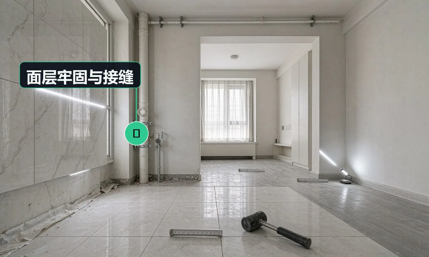 检查方式:踩踏检查 + 目视 + 塞尺。合格标准:无空鼓、无翘边,接缝高低差符合规范,行走无响声
