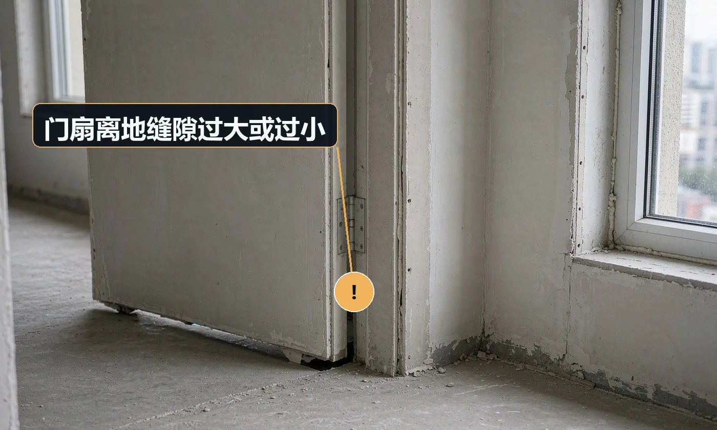 现象:门下缝能塞进手指,或门扇拖地蹭出痕。原因:未预留地板 / 地砖厚度;安装时未按地面完成面核算