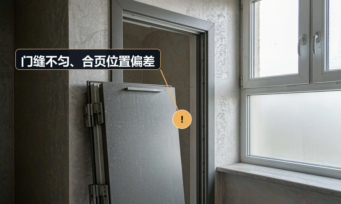 现象:门上端缝宽下端缝窄,或一侧顶住。原因:合页开槽位置偏差;门套装歪;门扇本身方正度差