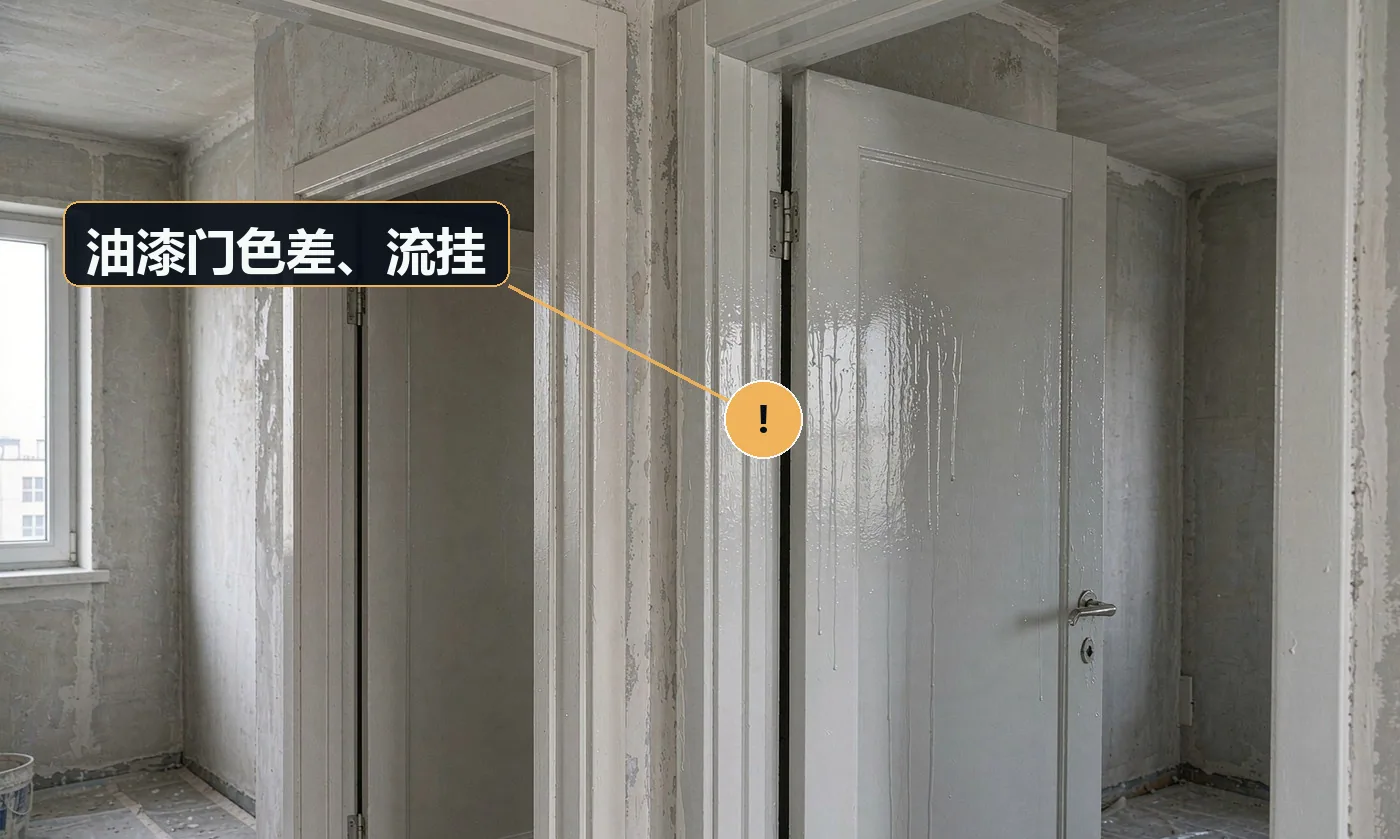现象:门板颜色深浅不一,或漆面有明显流挂痕迹。原因:现场补漆与原厂漆不一致;喷漆手法不当;未做基层处理