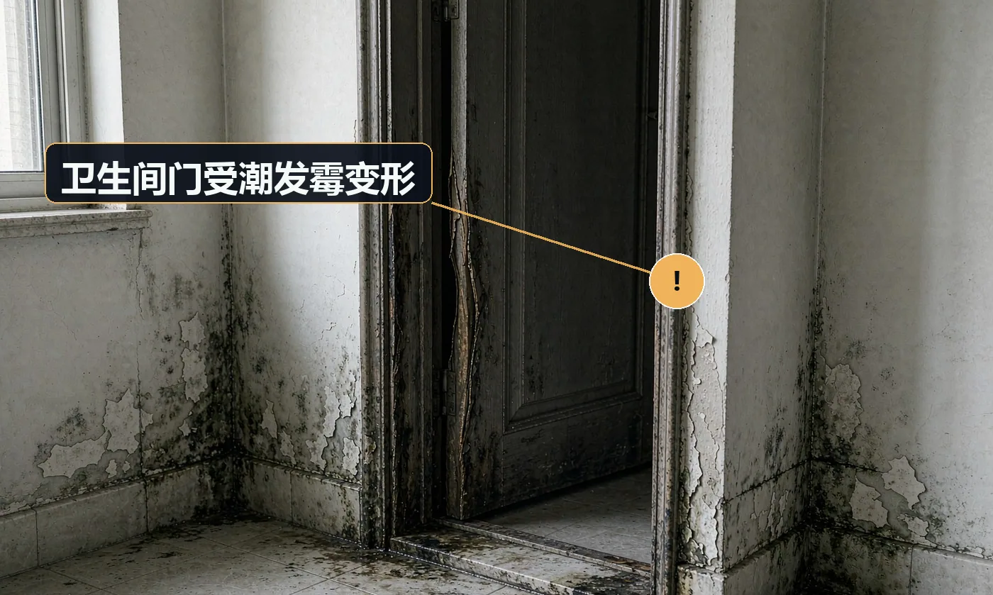 现象:卫生间门底部发胀、发黑、关不严。原因:在湿区使用了普通木门;门扇底部未做防潮处理;通风不良