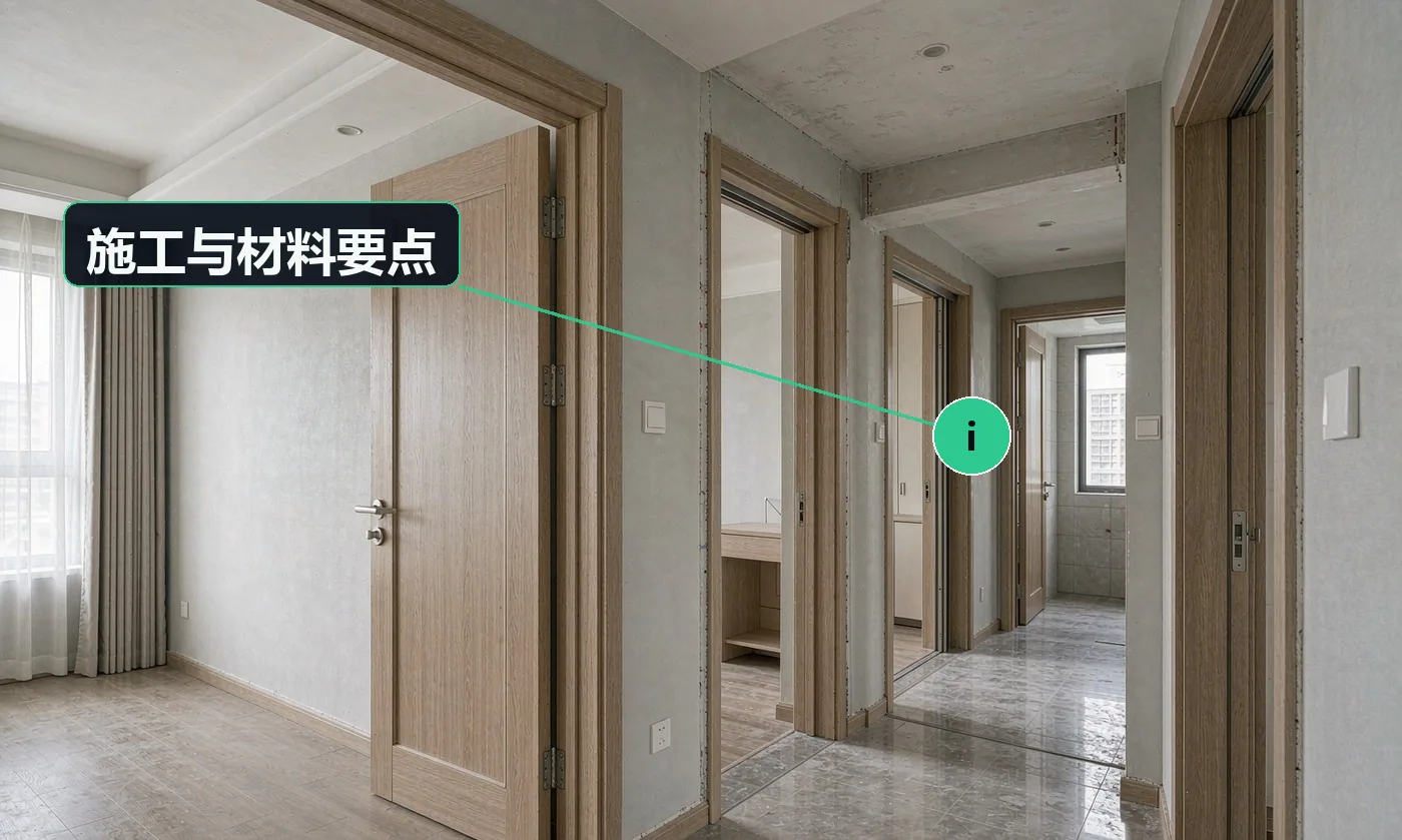 施工与材料要点:木门看的是「缝隙均匀度」——四边缝隙一致才是装得好;门套是安装质量的真正关键:墙不平、套不正,门再好也白搭