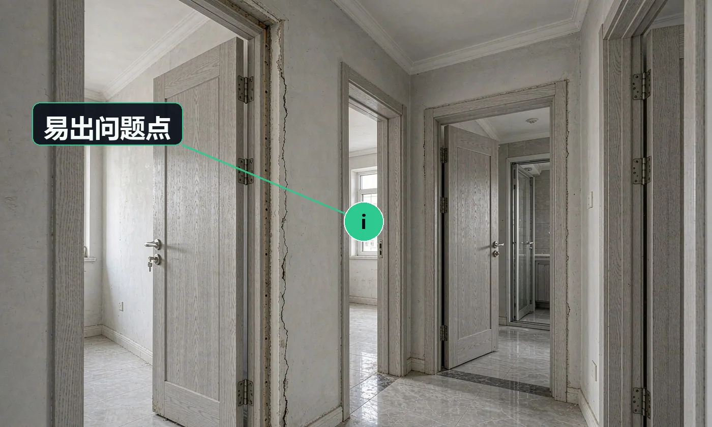 易出问题点:门套与墙收口处开裂,半年后出现明显缝隙;合页质量差,用一年就异响、门扇下沉