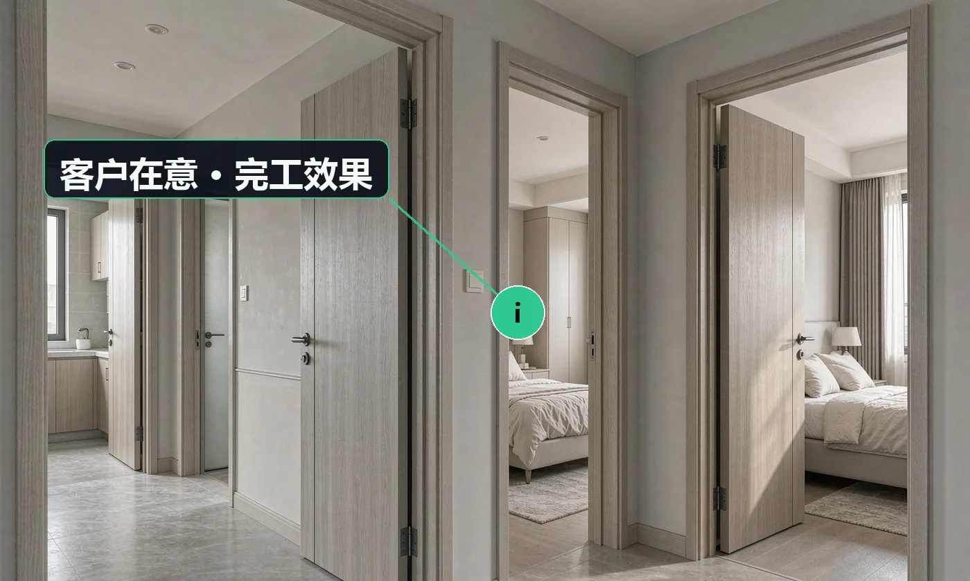 客户在意 · 完工效果:隔音怎么样、关上门吵不吵;会不会变形开裂,南方回南天受不受潮