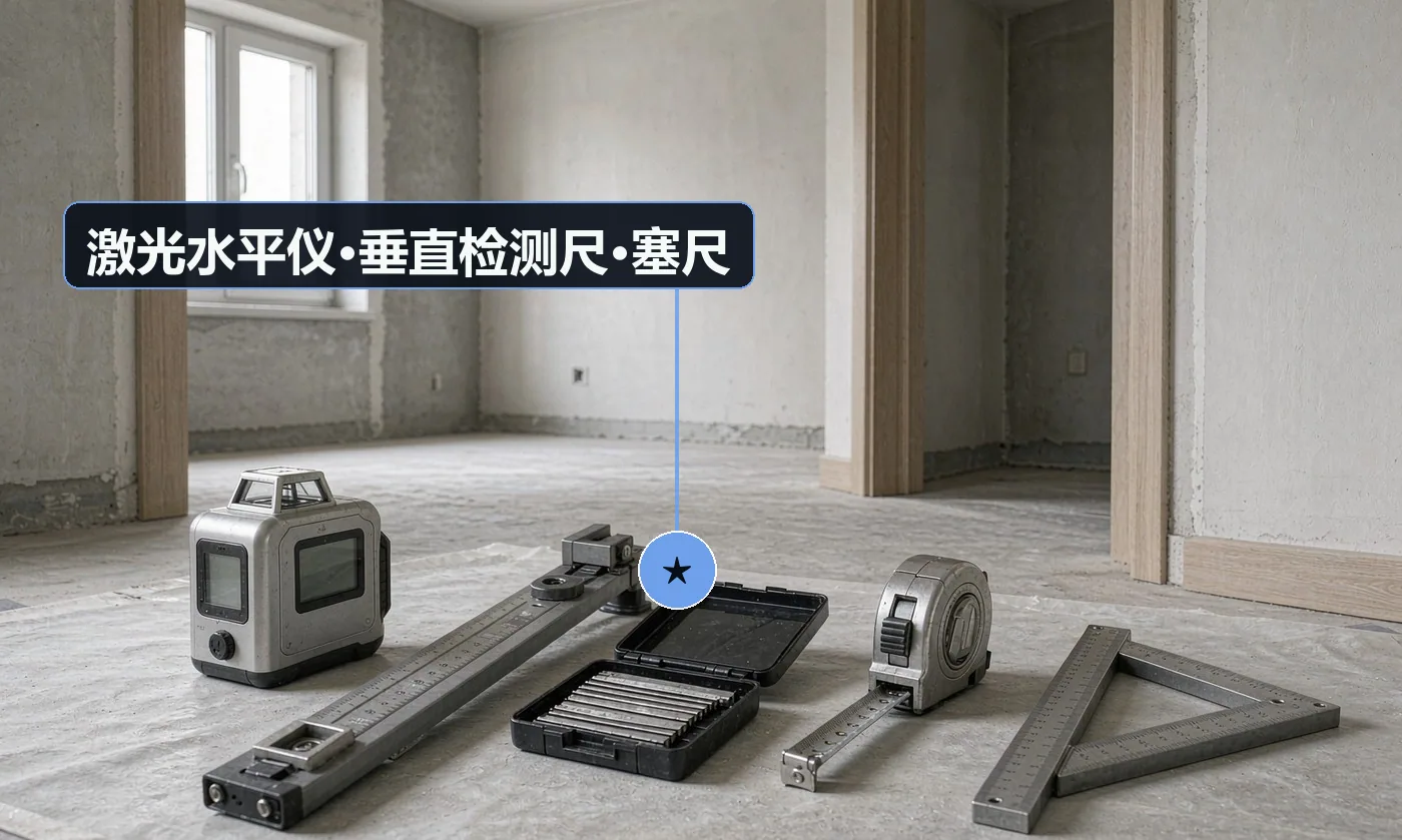 验收工具:激光水平仪;垂直检测尺