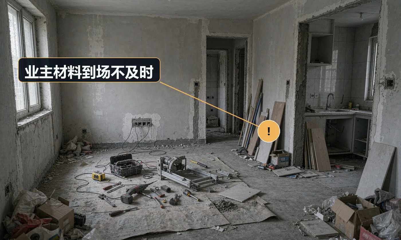 现象:工人到场没活干,或干到一半等材料,干等两三天。原因:开工前未与业主排定材料到场计划表;业主采购节奏不受施工方控制;未约定窝工责任