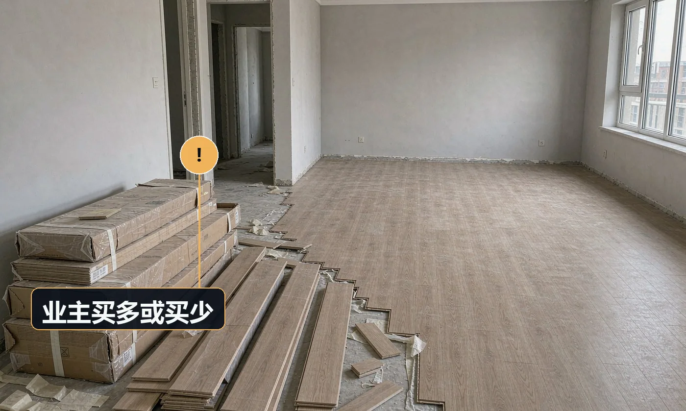 现象:砖买少了停工补货,或买多了一堆退不掉压着钱。原因:未按实际面积 + 损耗率精算;不同批号不能混用未提前提示;业主自行估算