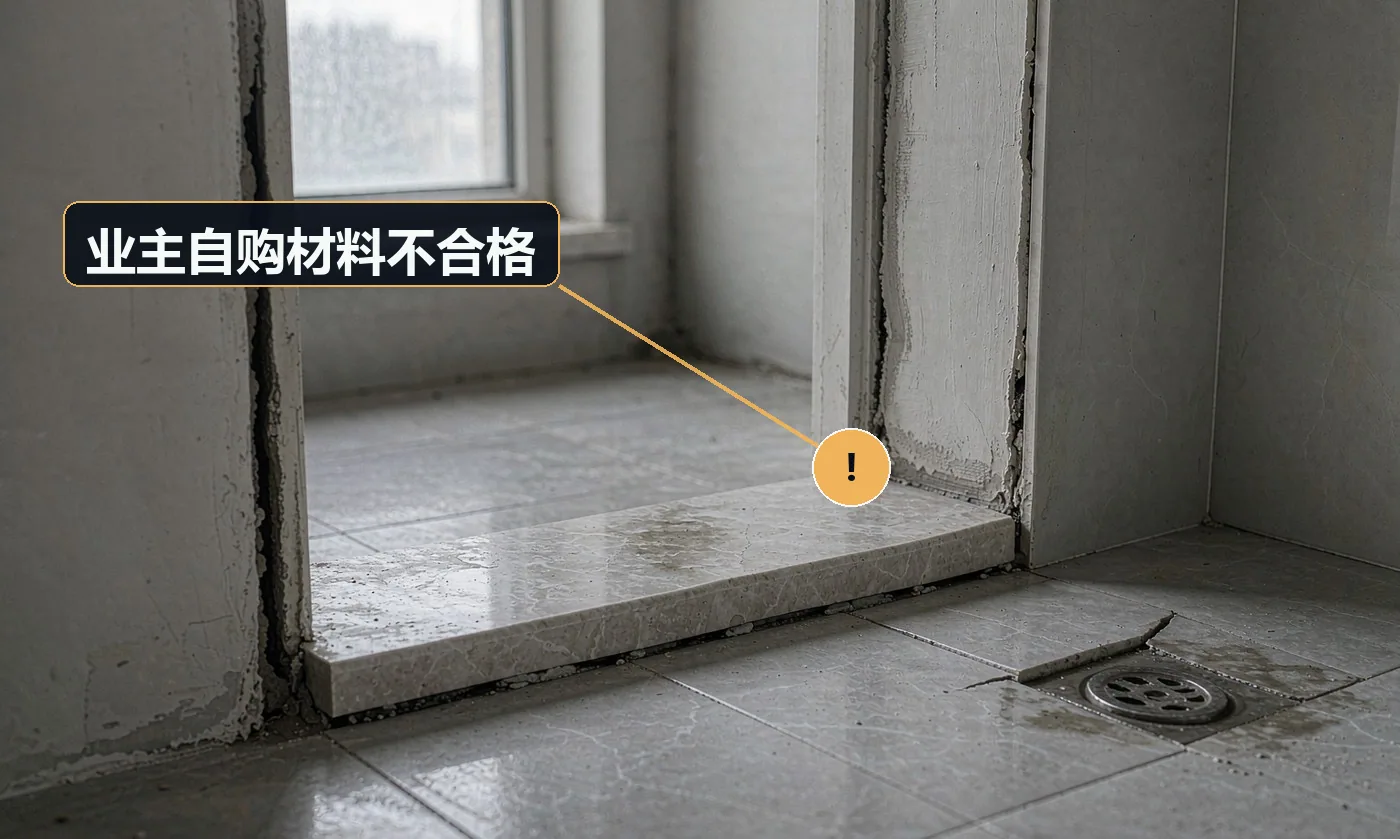 现象:用的是业主买的便宜货,装完出问题业主怪工人手艺差。原因:施工方未对到场材料做质量核验与书面提示;未索取环保与合格证明